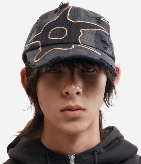 P.A.M. "DISTRESSED URCHIN TAG BASEBALL CAP" BLACK WASH