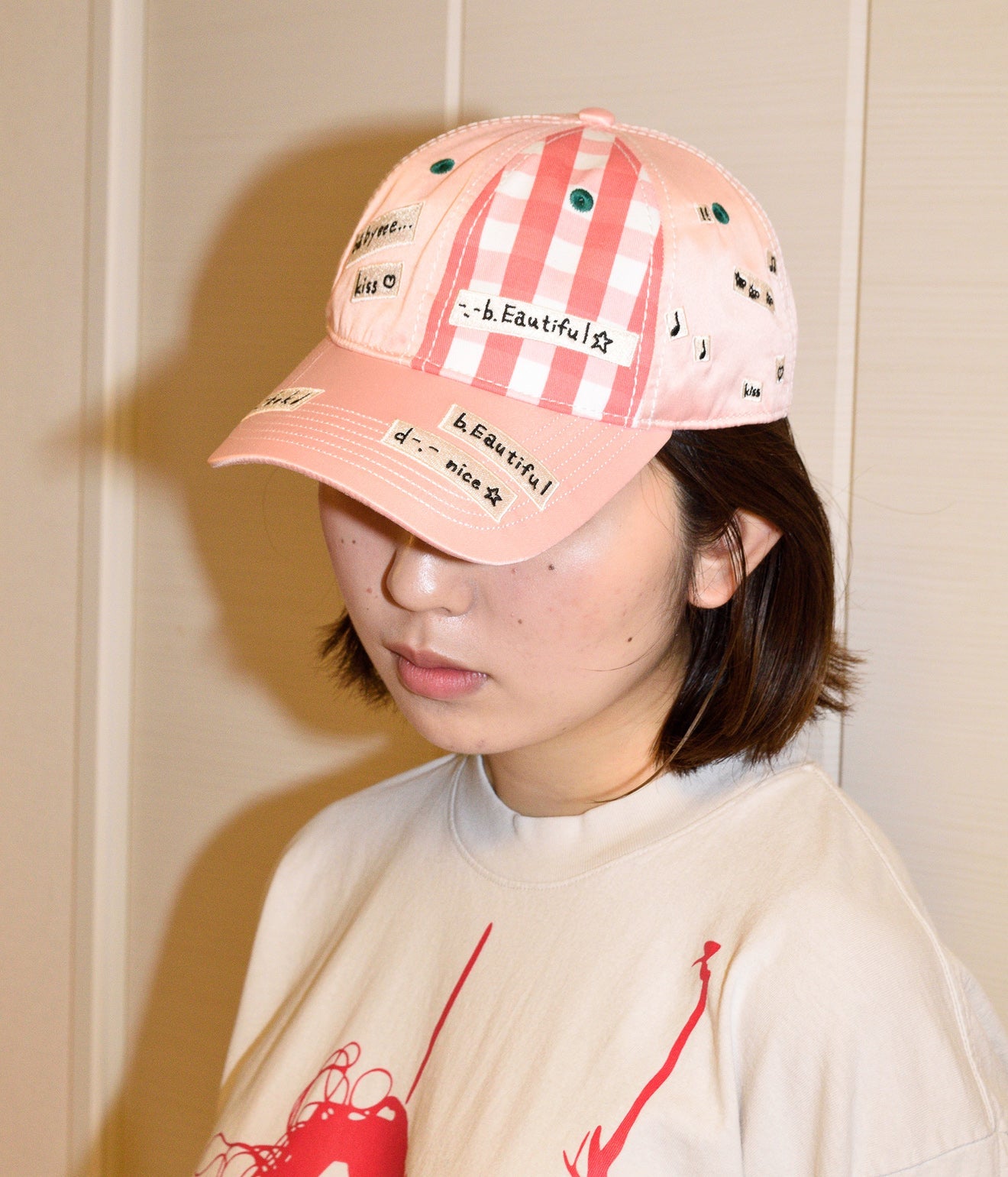 b.Eautiful x Shoma Mitani "Kiss <3 6 Panel Hat" Pink Satin / Red Checker - WEAREALLANIMALS
