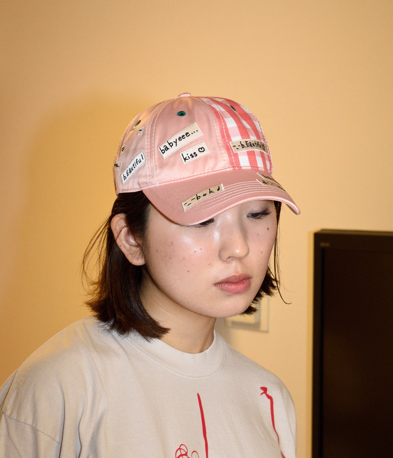 b.Eautiful x Shoma Mitani "Kiss <3 6 Panel Hat" Pink Satin / Red Checker - WEAREALLANIMALS