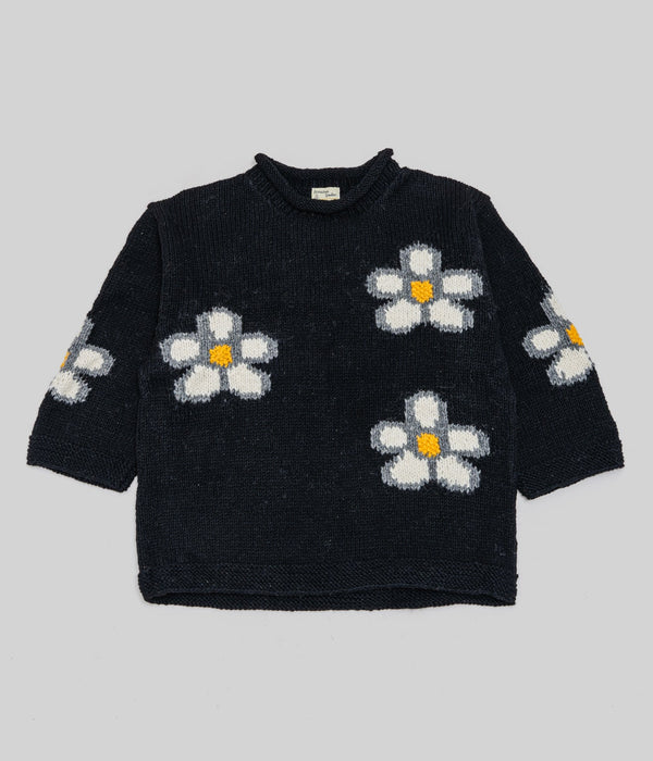 MacMahon Knitting Mills "Roll Neck Knit-Sparse Flower" Black - WEAREALLANIMALS