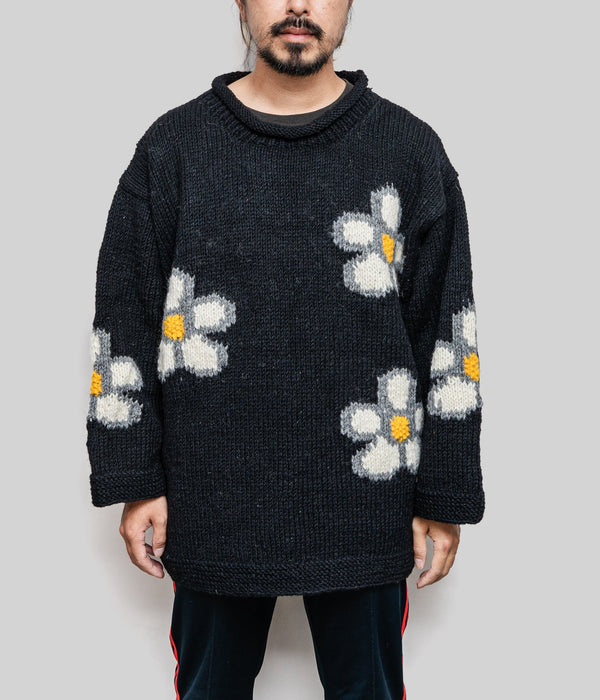 MacMahon Knitting Mills "Roll Neck Knit-Sparse Flower" Black - WEAREALLANIMALS