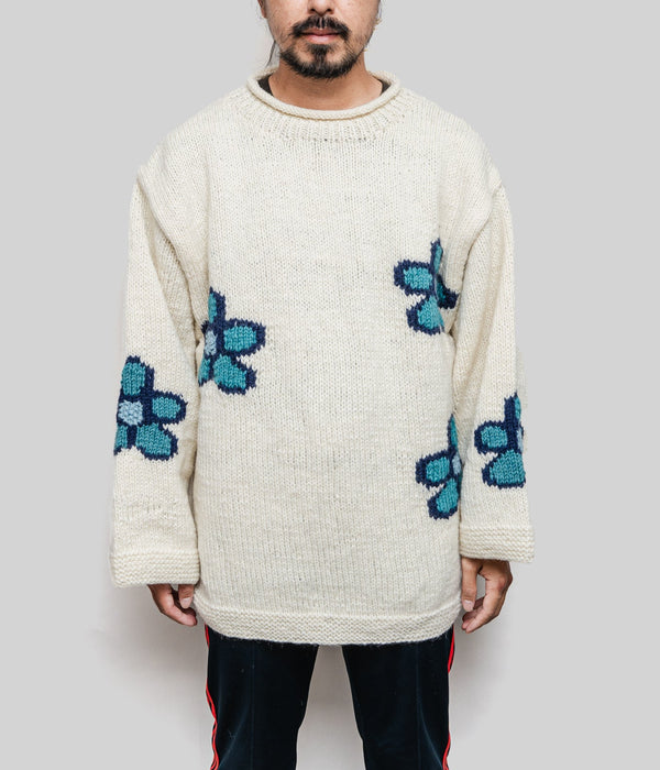 MacMahon Knitting Mills "Roll Neck Knit-Sparse Flower" White - WEAREALLANIMALS