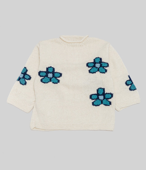 MacMahon Knitting Mills "Roll Neck Knit-Sparse Flower" White - WEAREALLANIMALS